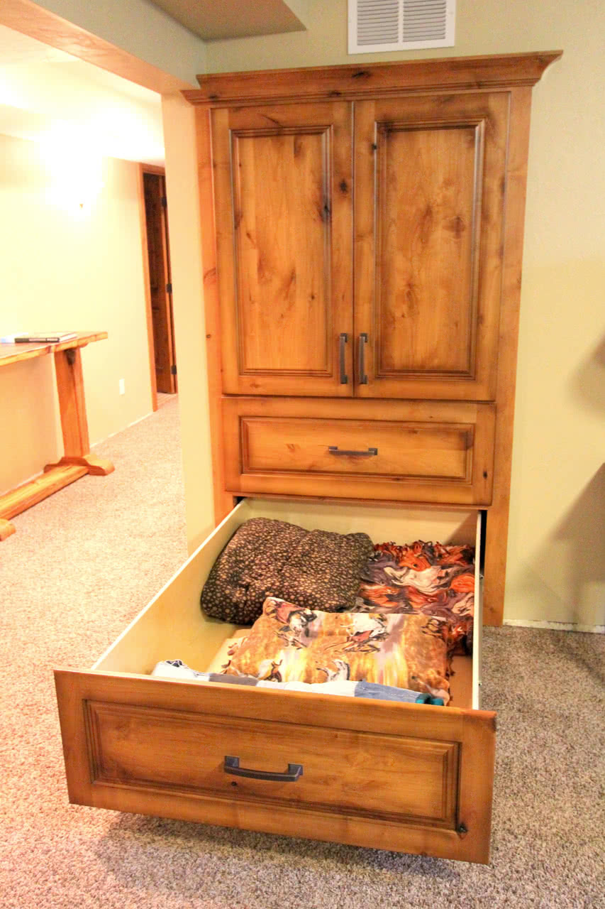 Clear floor space and optimize storage with a builtin dresser Premier Woodworking
